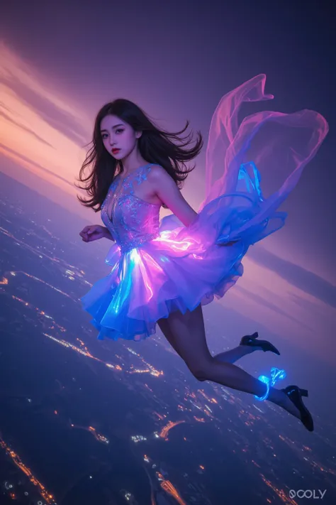 A breathtaking and surreal scene of an extraordinarily beautiful woman skydiving, wearing a stunning neon-colored wedding dress that glows vibrantly against the sky. Her dress, a mesmerizing fusion of electric blue, neon pink, and glowing violet, flows ele...