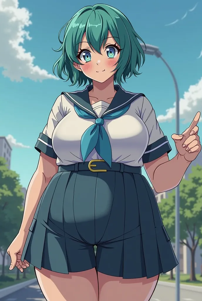 Plus size girl in MY HERO ACADEMIA style. Short turquoise hair, blue eyes, eyeliner, goth makeup, long eyelashes, belly, school uniform, thighs.my hero academia 