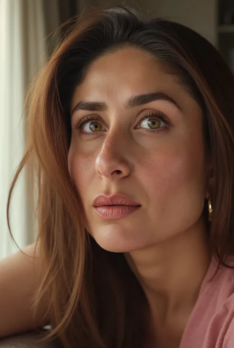 Create a very realistic image of Kareena, a sublime young brunette woman with smooth hair, 30 years old, with brown eyes and a perfect body, home assistant for the elderly, in a short summer dress. Who kisses an elderly indian man on the mouth
