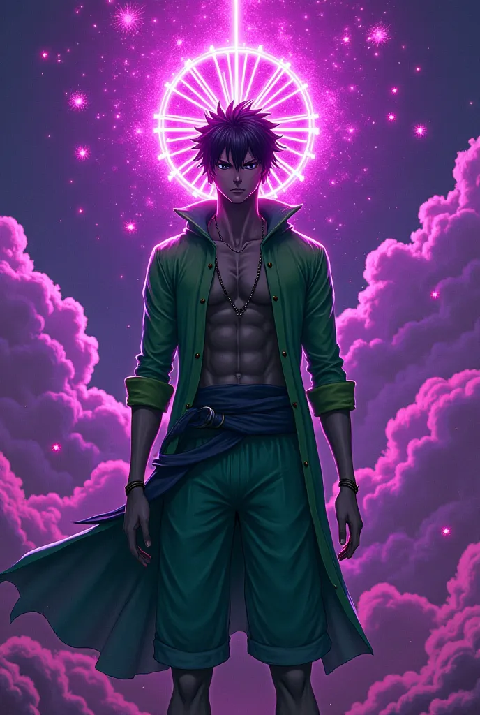 is a guy with a purple aura, Green clothes like those from Roronoa Zoro from One Piece, some clouds and red rays like those from Luffy Gear 5 and One Piece too, A wheel around the head like Mahoraga from Jujutsu Kaisen