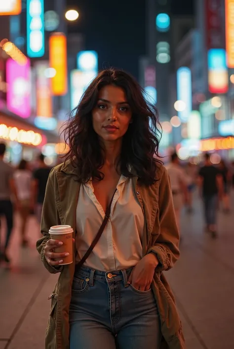 A stunning mixed-race woman with light, warm-toned caramel skin walks through a busy city street at night, illuminated by the glow of streetlights and neon signs. Her black hair, styled in a shoulder-length layered cut, is full-bodied with large, flowing w...