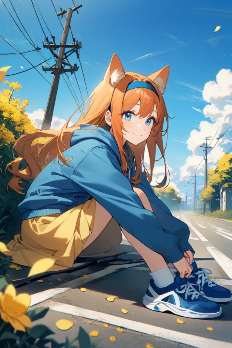 1girl, solo, long hair, smile, blue eyes, long sleeves, animal ears, closed mouth, sitting, outdoors, hairband, shoes, day, cloud, orange hair, blue sky, petals, hoodie, white socks, hood down, blue jacket, sneakers, blue footwear, yellow flower, yellow sk...