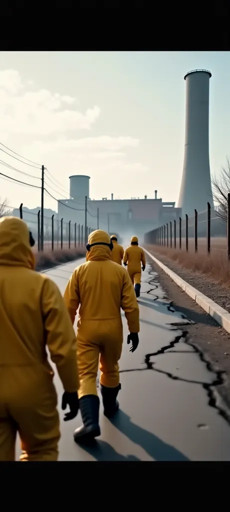 (POV) Walking down a cracked, abandoned road towards a massive, decaying industrial complex. A group of people in heavy, yellow hazmat suits with black gloves and boots march forward in unison, their backs turned, moving toward the mysterious facility. The...