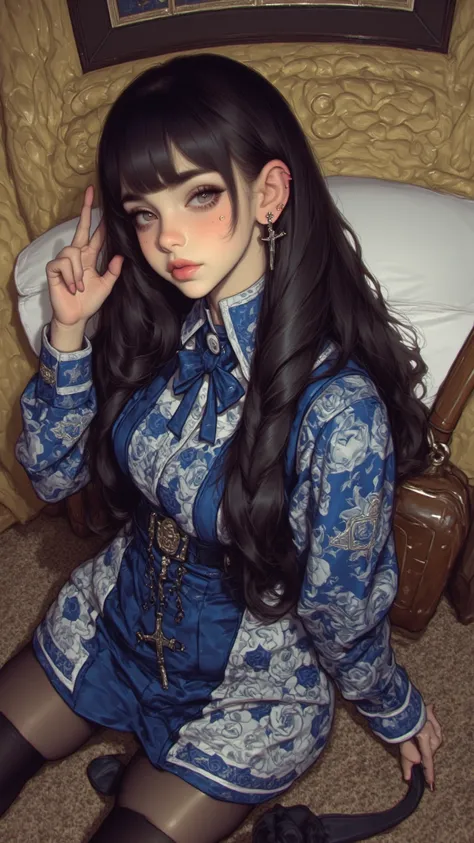 A superb and beautiful portrait of a young girl，View of luxurious room，with purple eyes、dark blue hair color，Long hair flowing between eyes，Wearing blue floral print dress，intricate lace detail， skirt，bow tie，long braids，short braids，Loose dress， Skin Dent...