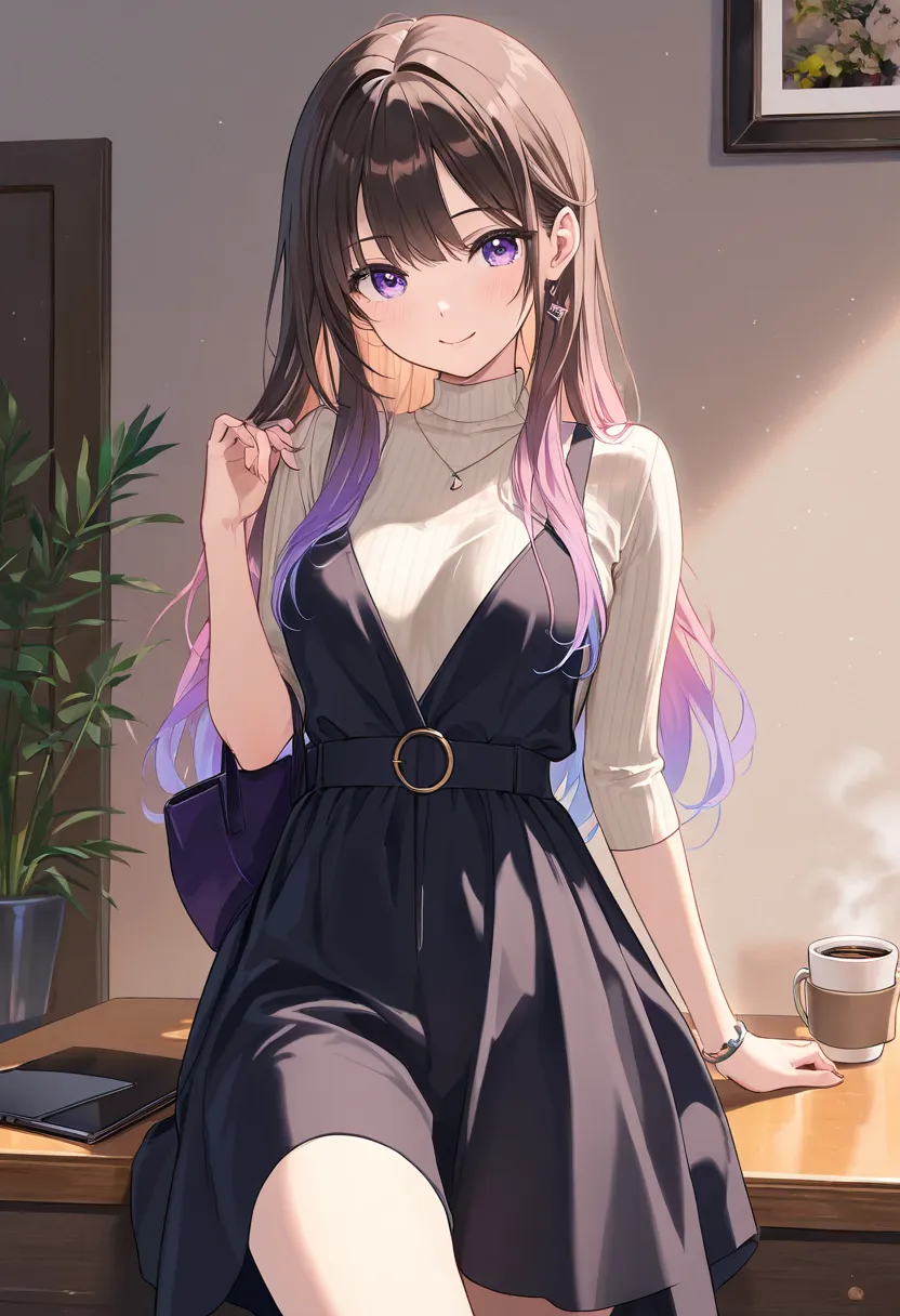 masterpiece, top quality,  high detail, beautiful woman's long hair  , anatomically correct,  gradient color hairstyle, anatomically correct, purple eyes,  fashion designers、smile、 Roomwear、 drinking coffee 