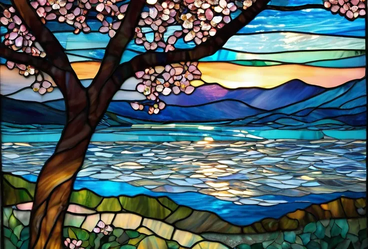 Close up of stained glass window with river view, Louis Comfort Tiffany inspired mosaic, Flicker, Cloisonné, stained glass art, Maxime Verehin stained glass, Cherry Blossom Tree Close Up, Cherry Blossom Tree, Cherry Blossom, Cherry Blossom Forest, Cherry T...