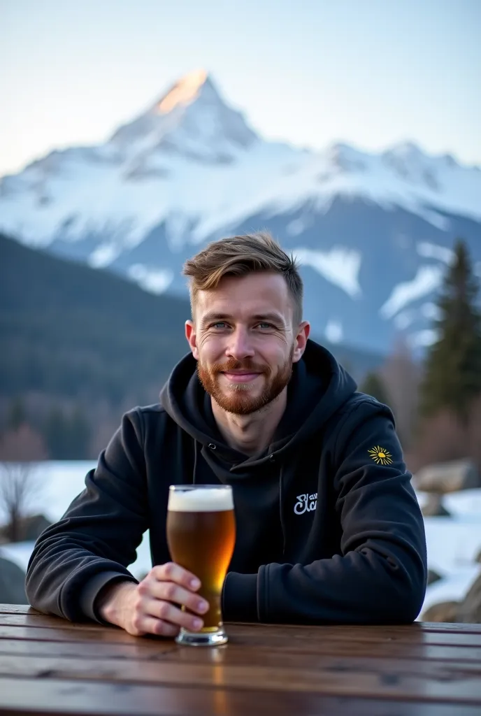 there is a man sitting at a table with a beer, twitch streamer / gamer ludwig, only snow in the background, with mountains in the background, forrest in the background, kacper niepokolczycki, with mountains in background, by Karl Völker, michal, forrest in...