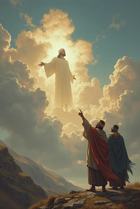 third-person shot of two pilgrims pointing up to the sky in the direction of Jesus Christ like a shadow in the sky among the clouds in medieval and Nordic art style in an image format (16;9) with the pilgrims in the right corner of the image and Jesus in t...