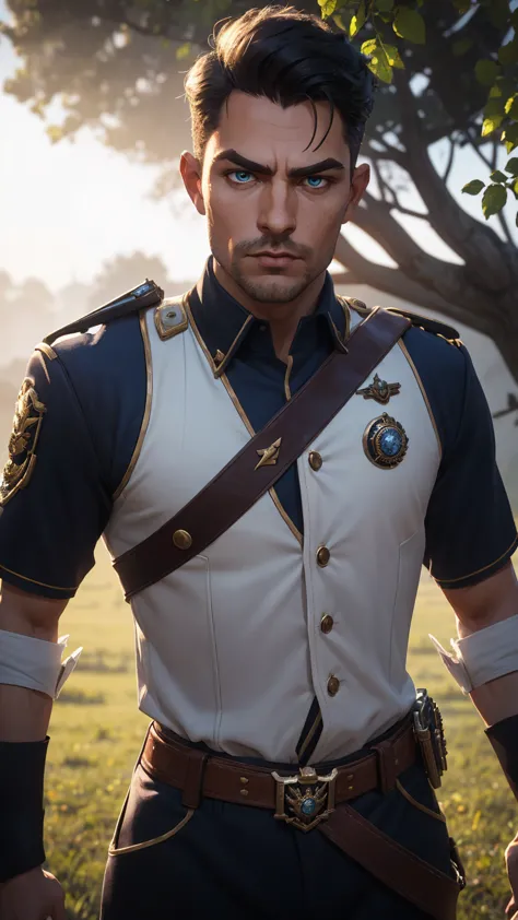 professional photo of pat32 in simple brown empire travel uniform with rank insignia on arms and leather belts, brown uniform, bullet bandolier, heathl male_focus, KTemplar, perfect eyes, upper body shot low lighting, moody, large depth of field, warhammer...