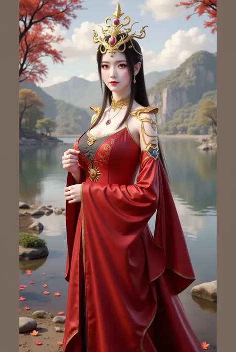 1 Very beautiful Queen Medusa in Hanfu, Thin red silk shirt with many yellow patterns, black lace top, The crown is on her head, Long bangs and dyed black ponytail, beautiful hair jewelry , beautiful and cute face, perfect face, earrings jewelry, light pur...