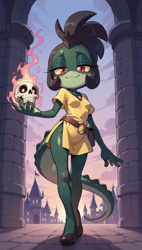 score_9, score_8_up, score_7_up, 1girl, solo, masterpiece, best quality, amazing quality, very aesthetic, absurdres, source furry, mobian alligator, half closed eyes, yellow sclera, red eyes, dark green body skin, black hair, spiky bangs, mohawk hairstyle,...