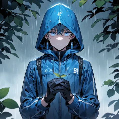 MAN a face of mistrust, The two light blue eyes, wearing earrings, with small accessories with blue bands, WEARING BLACK GLOVE on hands only ,  WEARING A blue hoodie, along with the blue leather clothing , standing , in a rainy climate with small leaves in...