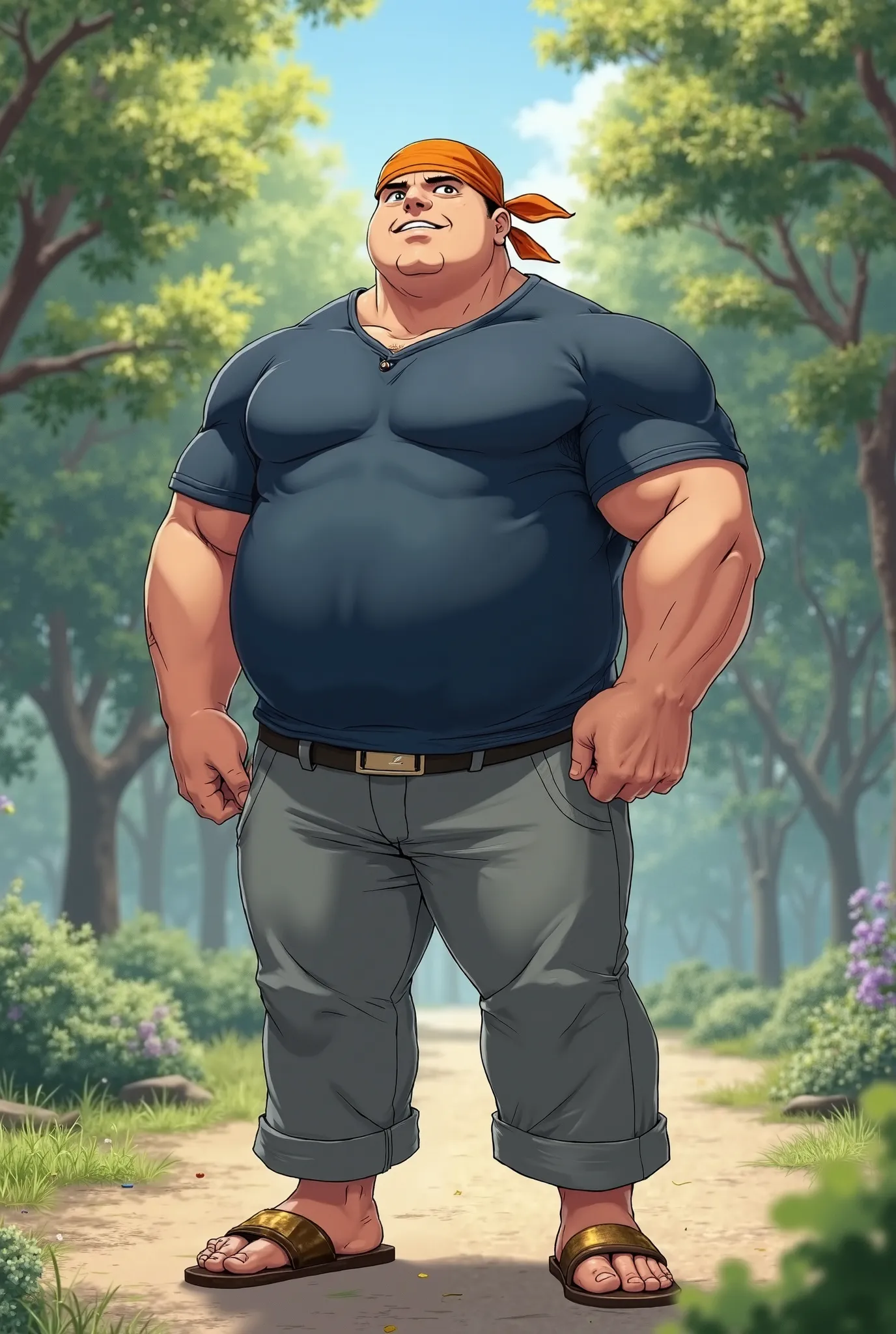 Strong Man, muscular, less chubby, round face, in Anime, wearing his orange bandana around his head, wearing his Navy-blue shirt, gray pants, bronze sandals on his feet, standing at the park