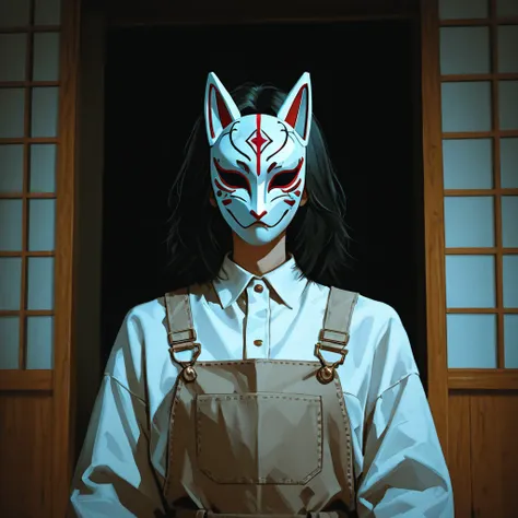 An anime character with a mysterious and enigmatic presence with. The individual wears a thick, stylized white anime mask that ((completely and seamlessly covers the entire face)), leaving low visible eyes, low visible nose, low visible mouth, as the mask ...