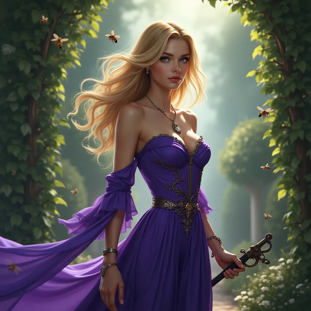 femme blonde aux yeux bleues. Porte une robe violette. Maquillage et bijoux. Dans un jardin. Beaucoup d’abeilles autour. Tient une arme. Image réaliste. 