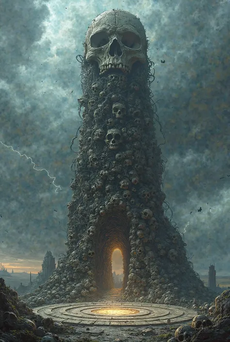 From above, an immense tower of fused skulls stretches endlessly toward the ground below, its surface an intricate tapestry of bone, iron, and shadow. Each skull is distinct—some weathered and cracked, others smooth as if untouched by time—fused together i...