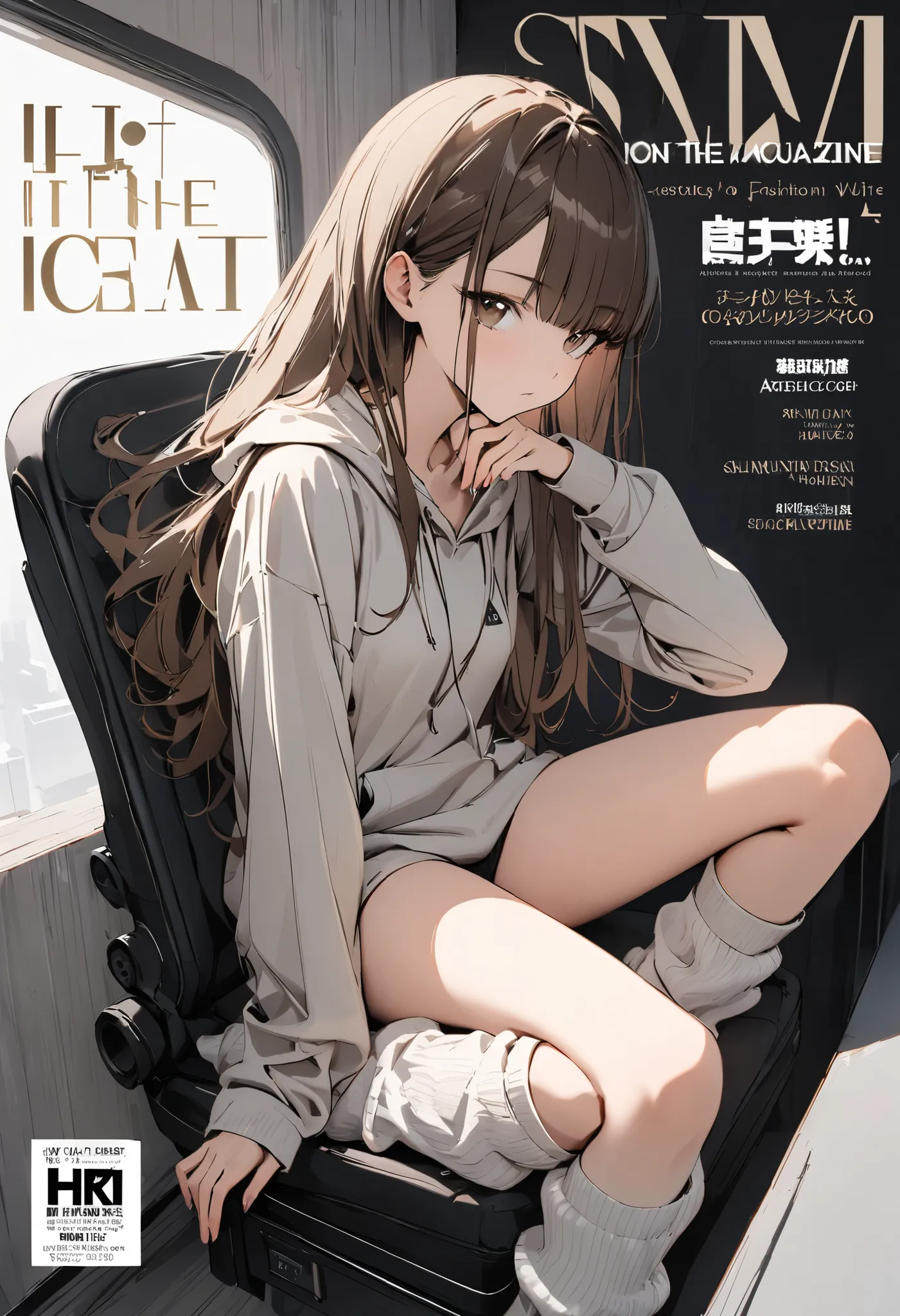  Fashion Magazine Cover ,(1 girl, slim,small breasts,  Long Brown Straight Hair , side bangs ,slope_eye),( hoodie, loose socks),conceptual art , masterpiece, very detailed,  attention to detail , HD,Highest quality, high resolution,Sexy and lovely pose,in ...