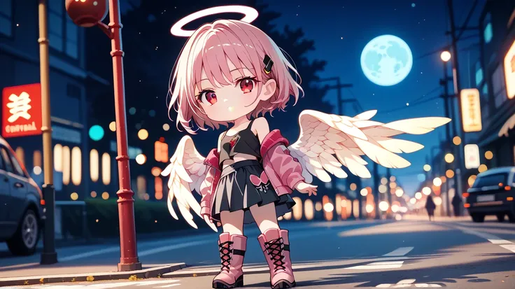 (((masterpiece))), best quality, extremely detailed, anime, (casual:1.3), (silver medium short hair:1.2), solo,(((a fallen angel girl))),(((red eye))),(black wing), (((pink Parker))),(black　tank top),(off-the-shoulder),(((black skirt))),(((black  long boot...