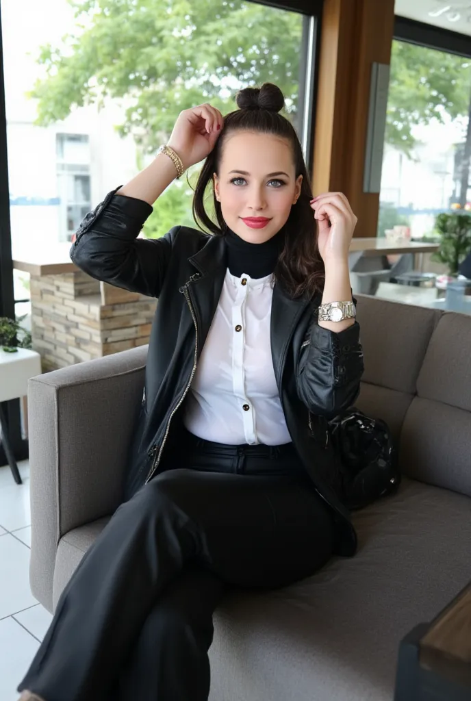 Full body beautiful woman, 5'8" tall, medium top bun black hair, deep brown round eyes, wearing close zipped up black black biker leather jacket, black wide leg belted pants, rolled up sleeves, zipping up jacket, up collar, collared white formal button dow...