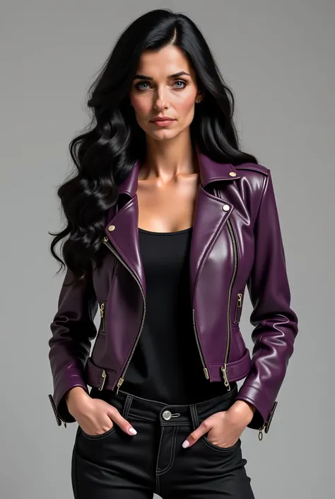  Woman, Realistic, black hair, long hair, wavy hair, black blouse under the short dark purple leather jacket, dark purple short leather jacket wearing,  black jeans, bota cano curto preta embaixo da  black jeans, full body, High resolution, 4K, full body.