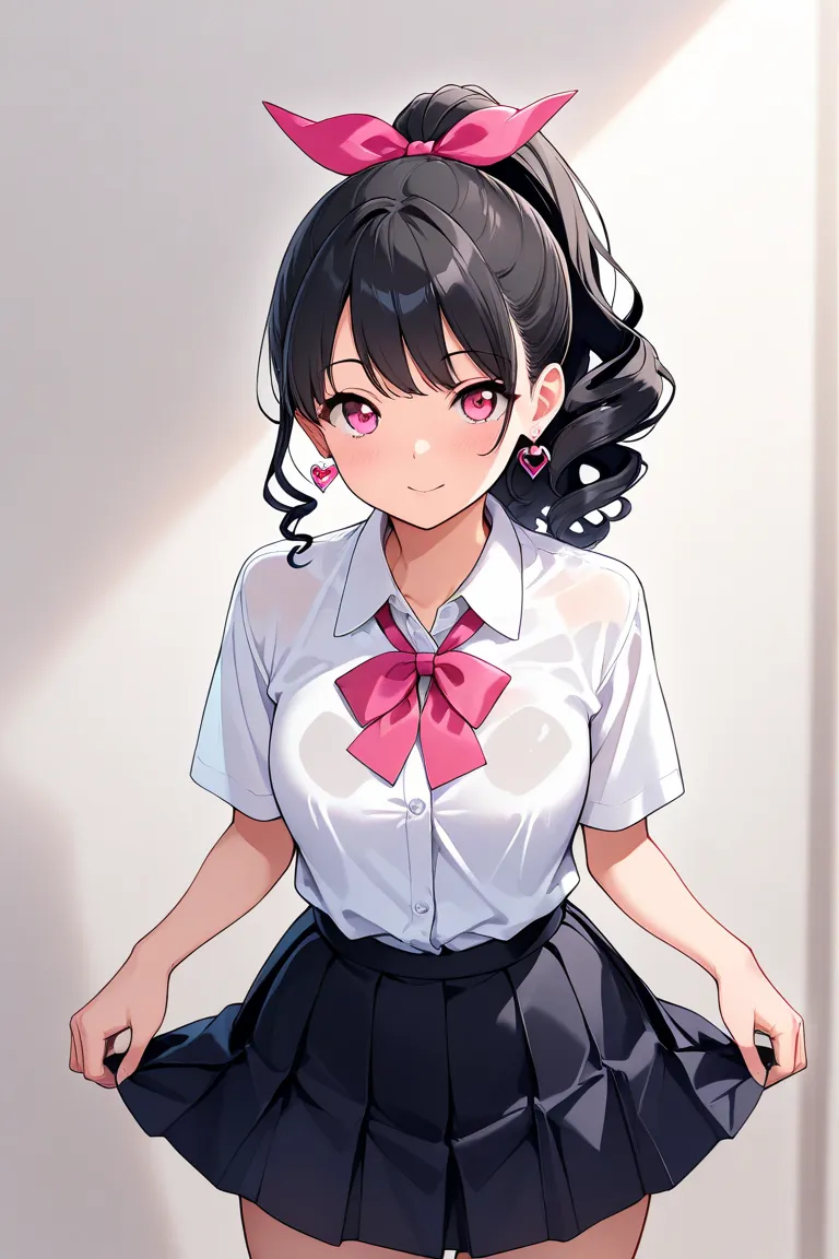 high resolution, Highest quality, pink eyes, ponytail,  blushes, chest,  black hair, curly hair, heart-shaped earrings, ribbons, background blur,  dress,  transparent, miniskirt,  transparent,  collared shirt, skin, Hold the skirt, 