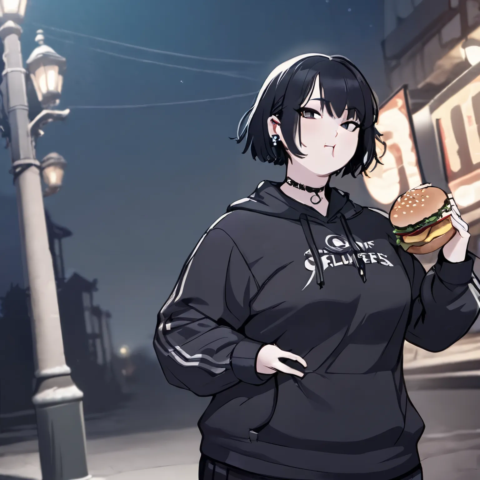 masterpiece, best quality, high quality, doomer girl, goth gf, standing, plump, eating burger, night background, 