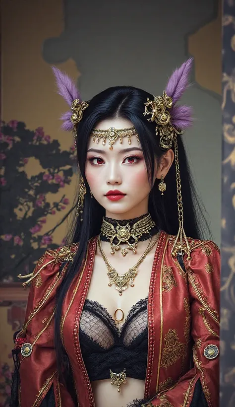 1 Very beautiful Queen Medusa in Hanfu, Thin red silk shirt with many yellow patterns, black lace top, The crown is on her head, Long bangs and dyed black ponytail, beautiful hair jewelry , beautiful and cute face, perfect face, earrings jewelry, light pur...