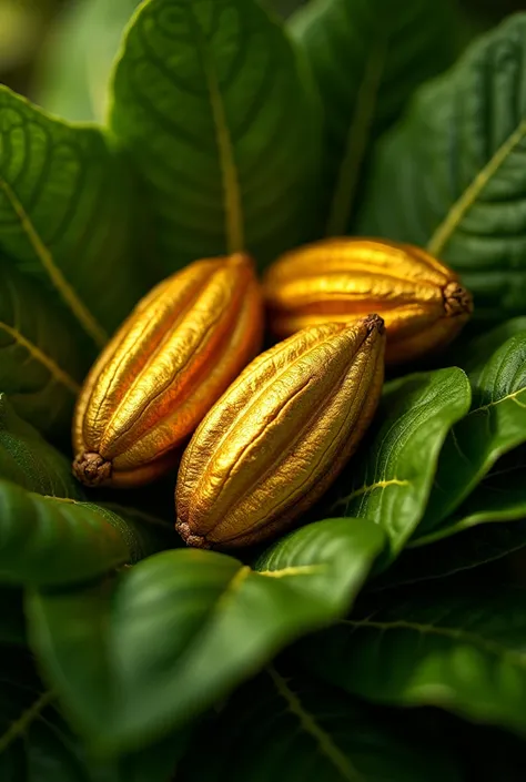 GOLD-COLORED CACAO BEANS ON GREEN LEAVES