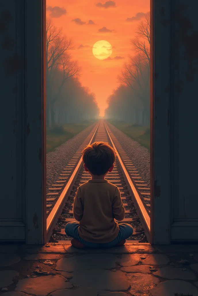 a painting of a boy sitting on a train track, digital art, inspired by Tom Chambers, surrealism, about to enter doorframe, innocent look. rich vivid colors, in doors, illustration for ren, opening door, endless