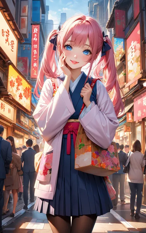 beautiful hands, school uniform, black pantyhose, city, kimono,
very cute and beautiful girl, (Pink hair:1.2), blue eyes, long hair, beautiful lips, smile, pigtails,