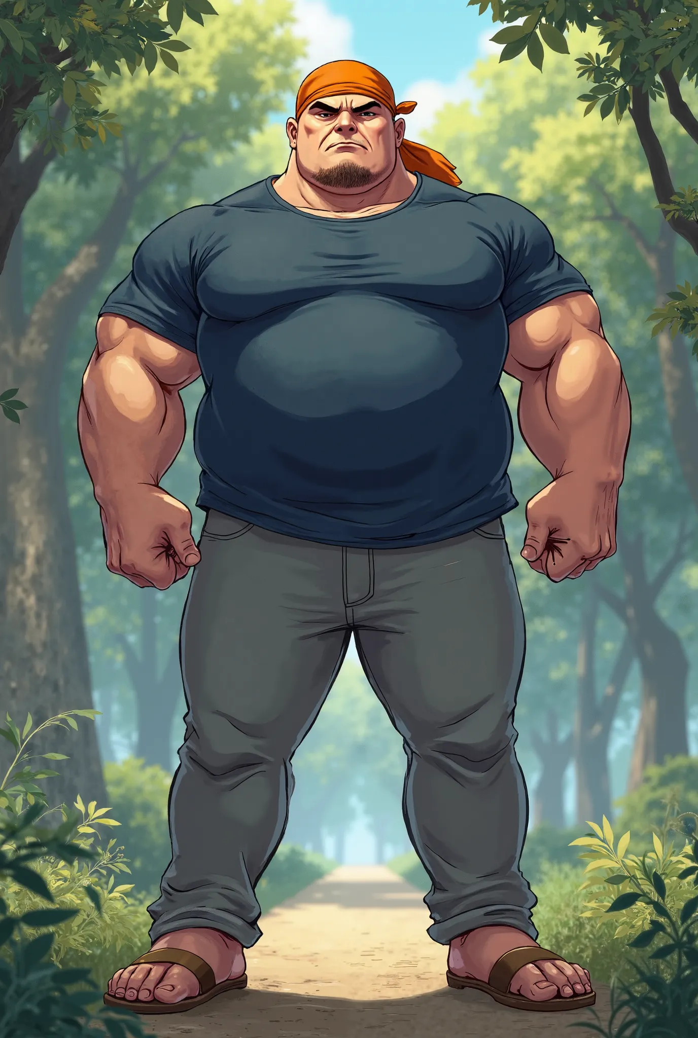 Strong Man, muscular, less chubby, round face, in Anime, wearing his orange bandana around his head, wearing his Navy-blue shirt, gray pants, bronze sandals on his feet, standing at the park