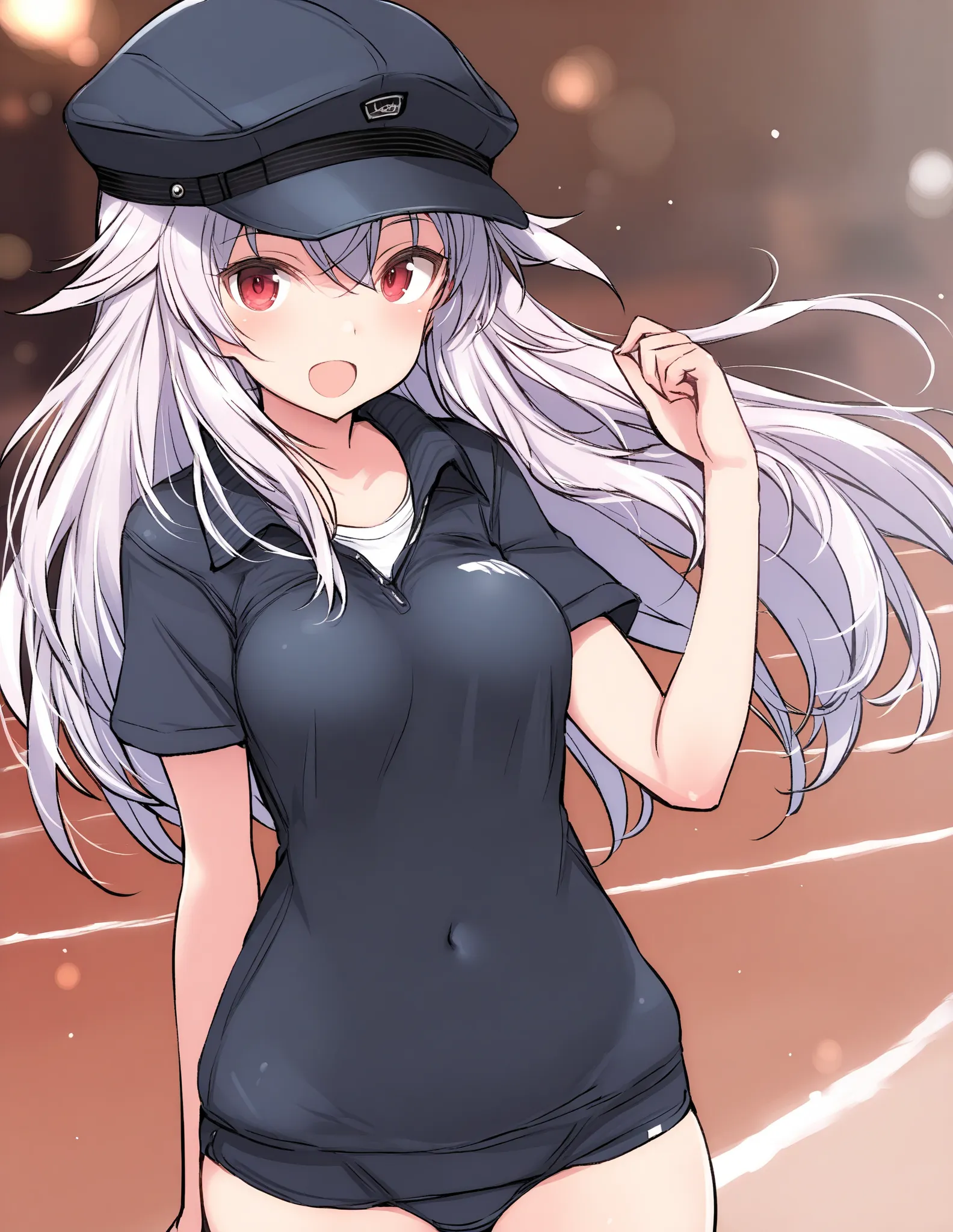  masterpiece, Highest quality, very aesthetic, absurdres,  latest, Recent, 【Contemporary, smdfmkn  , Fumikane Shimada,Ultra Details, high resolution, 4K, extremelそして detailed CG,navy blue casket hat、long hair、 1 girl, Alone, smile, LOL、 silver hair,medium ...