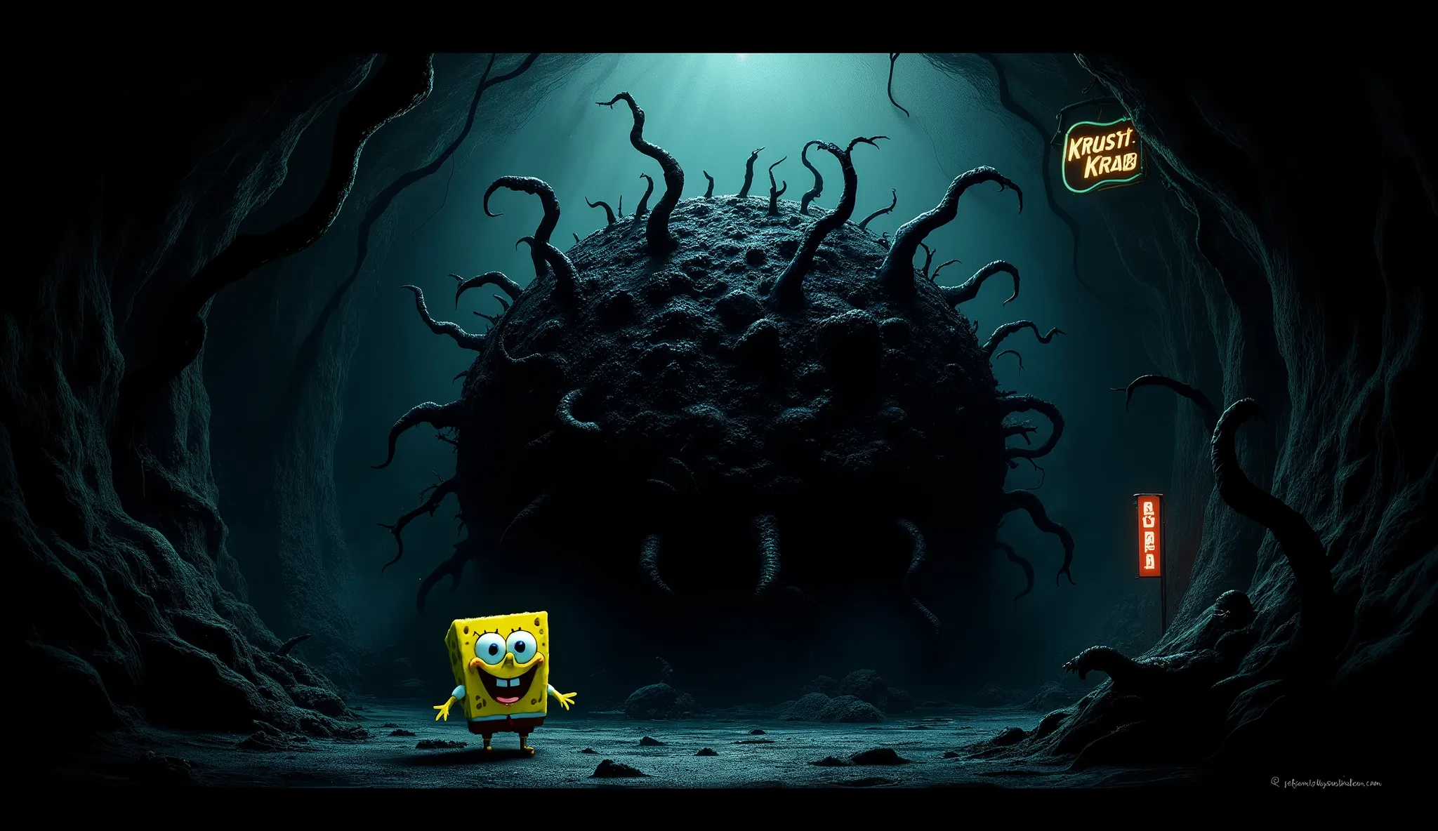 "Deep within the darkest trench of Bikini Bottom, a pulsating, black mass throbs like a diseased heart. Tendrils of inky darkness spread outward, infecting everything they touch. SpongeBob’s stitched-together form emerges from the shadows, his glowing eyes...