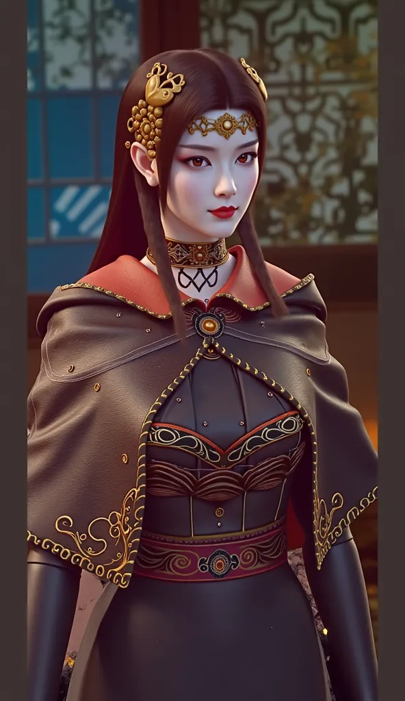 1 Very beautiful Queen Medusa in Hanfu, Thin red silk shirt with many yellow patterns, black lace top, The crown is on her head, Long bangs and dyed black ponytail, beautiful hair jewelry , beautiful and cute face, perfect face, earrings jewelry, light pur...