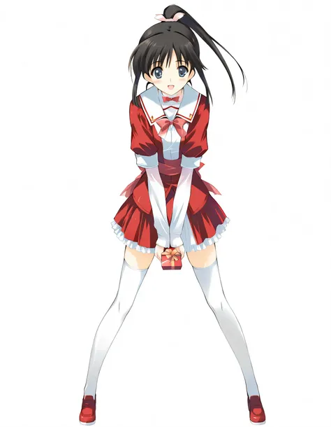 masterpiece,best quality,good quality,smile, looking at viewer, solo, anime coloring,from front, ((sugiura_koharu)),sugiura_koharu\(white_album_2\),1girl,solo,black hair,ponytail,hair ribbon,blue eyes,open mouth,1girl,(((red and white jacket))),(sailor sui...