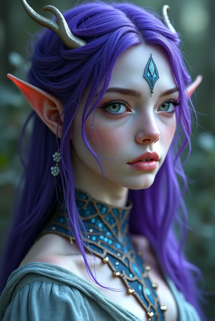 half-elf woman , with some blue scales on the forehead and neck, purple hair, gray eyes,  white skin, With elven clothes 