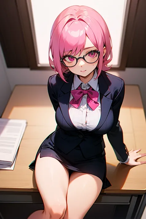 1female, pink hair, pink eyes, office lady uniform, glasses, sitting at desk, perfect generation, perfect quality, big breasts