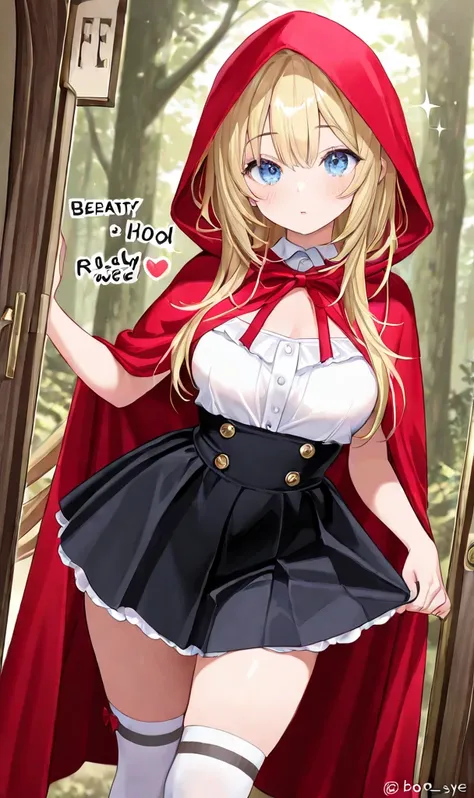 masterpiece,high resolution, is ridiculous,  Rating :Blatant,Highest quality, 
 Little Red Riding Hood、 Red Robe、 dress skirt、knee socks、 Gold、 long hair、 blue eye、Beauty、 Bbo~、glamorous、forest、 inside the house