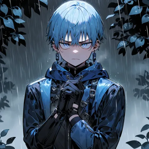 MAN a face of mistrust, frowning, The two light blue eyes, wearing earrings, with small accessories with blue bands, WEARING BLACK GLOVE on hands only ,  WEARING A blue hoodie, along with the blue leather clothing , standing , in a rainy climate with small...