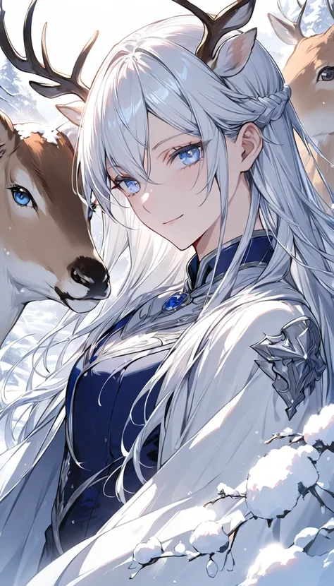 Detailed eye depiction， one woman，Duke，nice，Handsome ，calm，Handsome，Slender， Silver White Long Hair，comb hair back， Light Blue Eyes ，Delicate five-pointed detail ，delicate eyes,  Seamless Connection ，gentle smile ， Dark Blue Army Uniform，cloak， with silver...