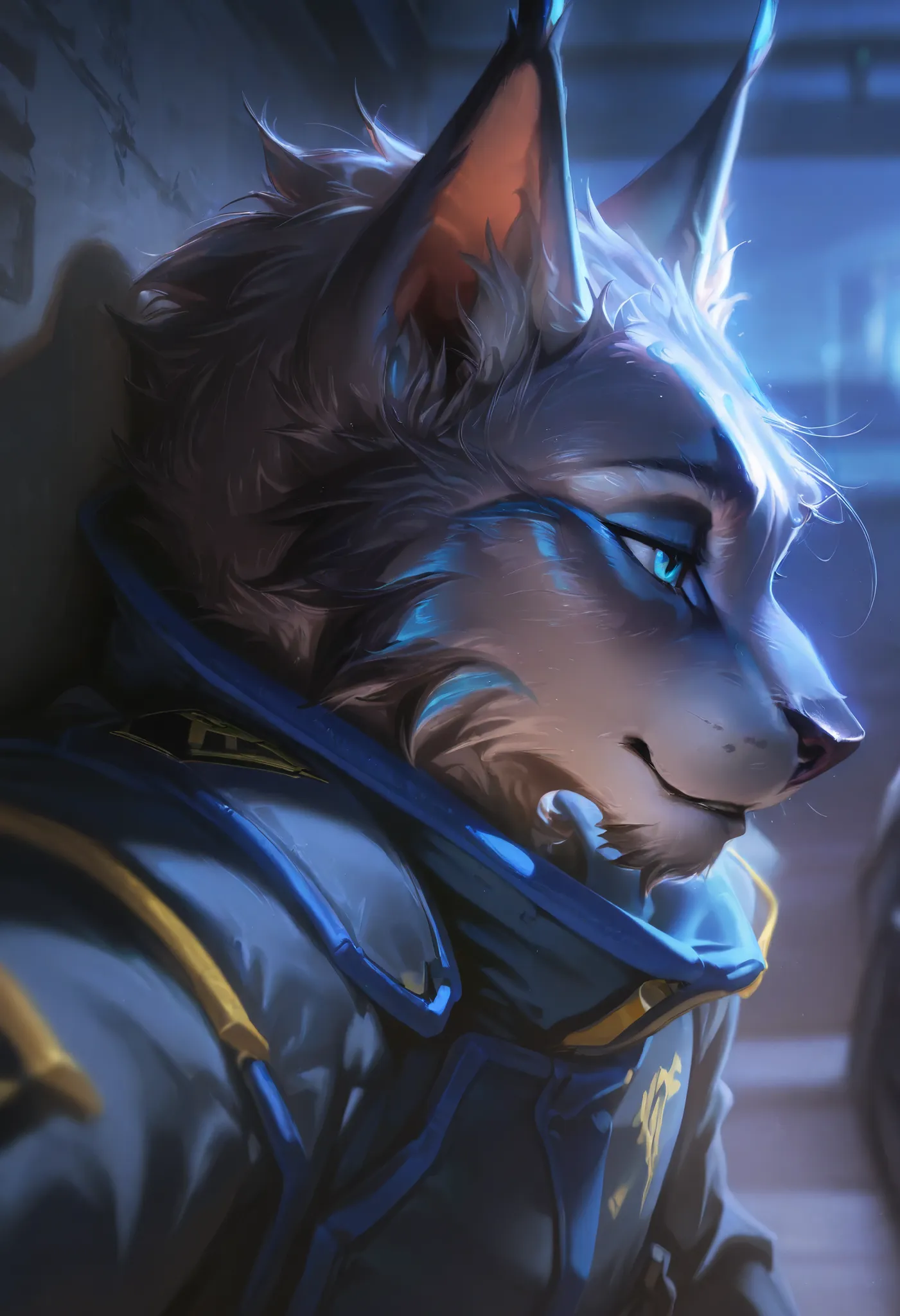 Masterpiece, score_9, score_8_up, score_7_up, score_6_up, masterpiece, portrait, 1male, anthro, anthro lynx, dark grey coat, blue eyes, pointy up ears, wearing a pilot uniform, L0LSPL4SH