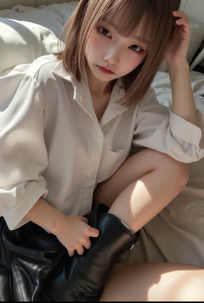  Japanese high school girl、One person、lying in bed、uniform、black long riding boots、pleated skirt、（ white panties on Besso）、 super real、Greatest Masterpiece、best image quality、 hyperresolution 、 professional lighting、 M-shaped leg opening:1.3、