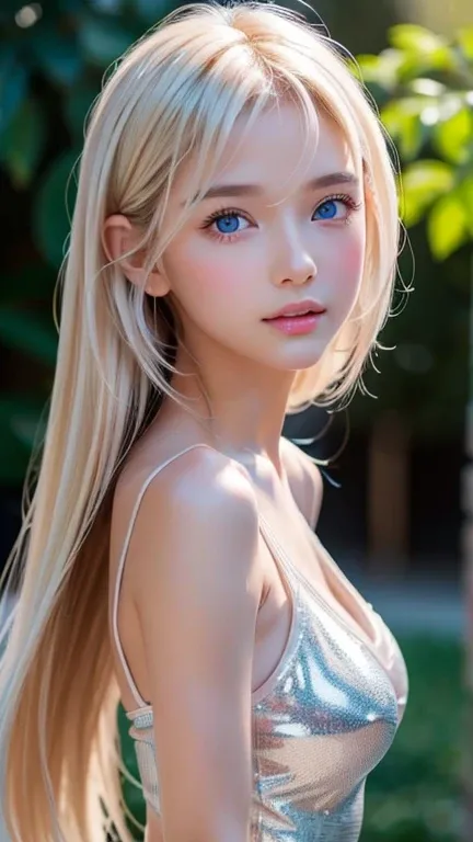 portrait、very white high school girl、Young, white, shiny skin 、Best Looks、Blonde reflection、 Platinum Blonde Hair with Dazzling Highlights 、 shiny bright hair 、 super long straight hair 、Shiny, beautiful bangs、Very impressive, very bright light blue big ey...