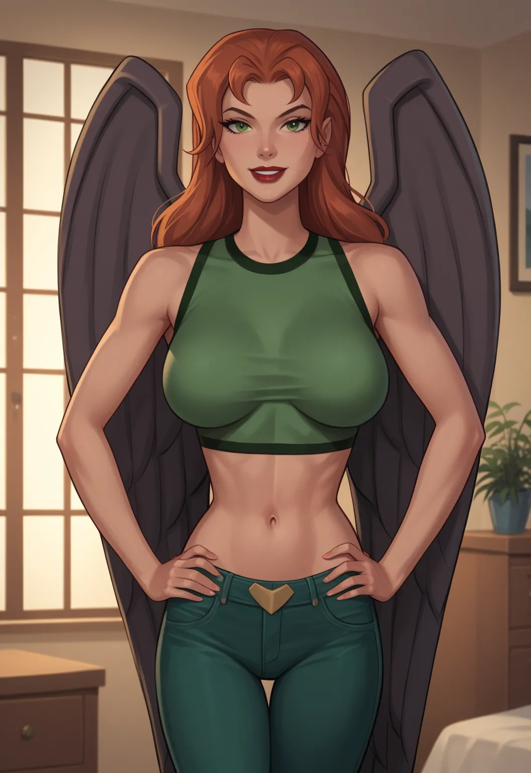 safe_pos, PonyXLV6_Scores BREAK ((retro artstyle, parody)), perfect anatomy, cowboy shot) shayera hol, wings, long hair, green eyes, ((looking at viewer)), superhero, green crop top, green jeans, green leather jacket, curvy, toned, athletic, large breasts,...