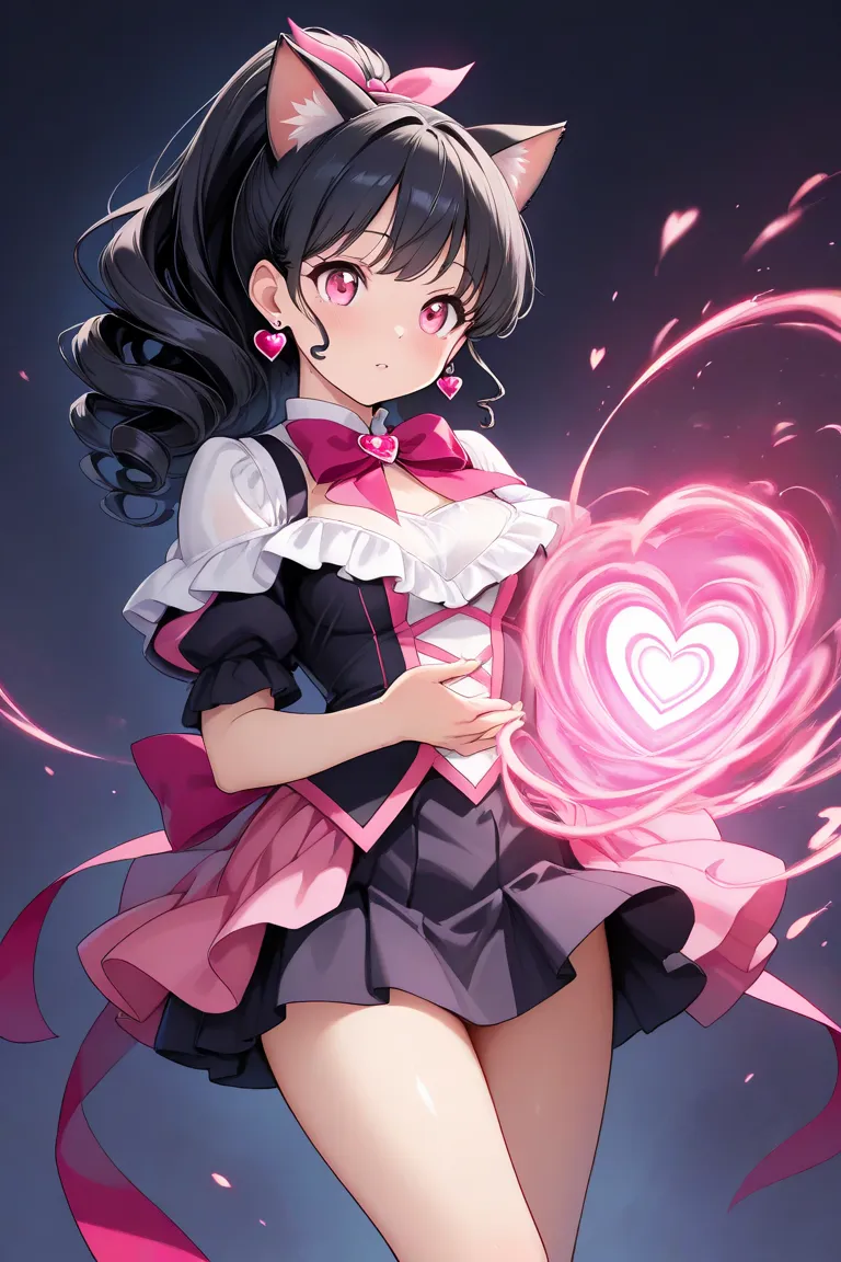 high resolution, Highest quality, pink eyes, ponytail,  blushes, chest,  black hair, curly hair, heart-shaped earrings, ribbons, background blur,  dress, miniskirt, Transparent skin, lift up the skirt ,  Magic Girl, inflammation, Cat ears, 