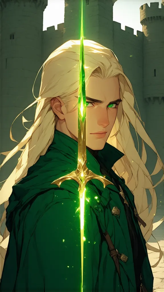 JOVEM VERGIL  (DEVIL MAY CRY)  WITH LONG BLOND HAIR AND TEENAGE APPEARANCE,  freckles on the cheek, GREENISH EYES LIKE EMERALDS AND SPARKLES WITH GREEN RAYS, ELEGANT GREEN GARMENTS  (medieval) in a setting with a castle behind it.  Use a divine sword with ...