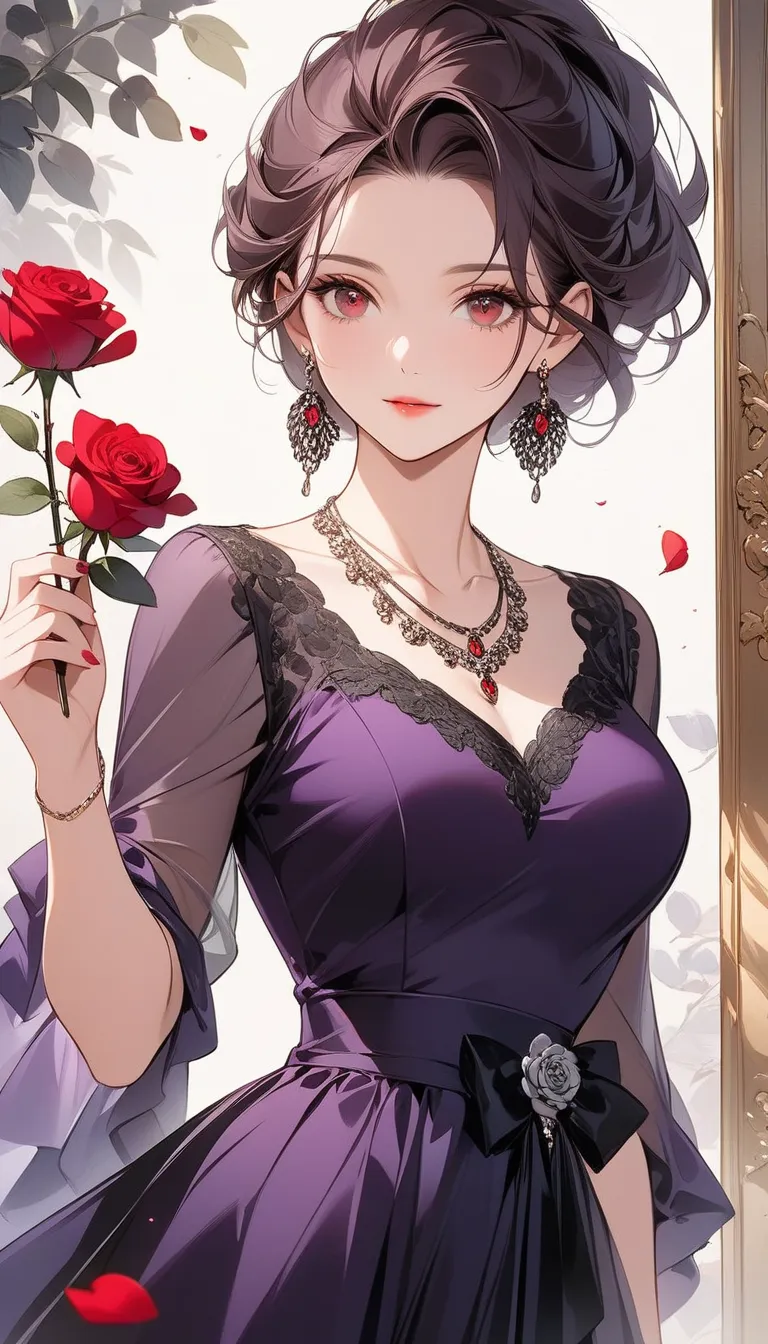  masterpiece,   graceful mature woman with shiny red eyes,  Perfect face , perfect style,  purple see-through dress holding a black rose, necklaces, earrings, red rose petals, Plum Petals , high resolution,   perfect art ,  digital illustration art ,  anim...