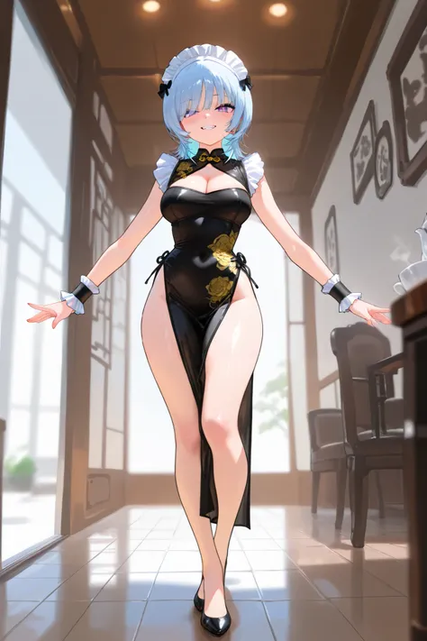 Masterpiece, Highest quality,  Extremely Detailed Depiction,  Amazing High Definition ,  High Quality Anime Picture ), Depth of Field 1.1,super detailed eyes,beautiful glossy lips,(Light blue hair, wolf cut,one eye is covered by bangs), cute woman  ,((full...