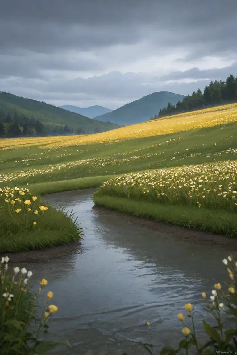 Concept art, no humans, water puddles, country side, rain, cloudy,