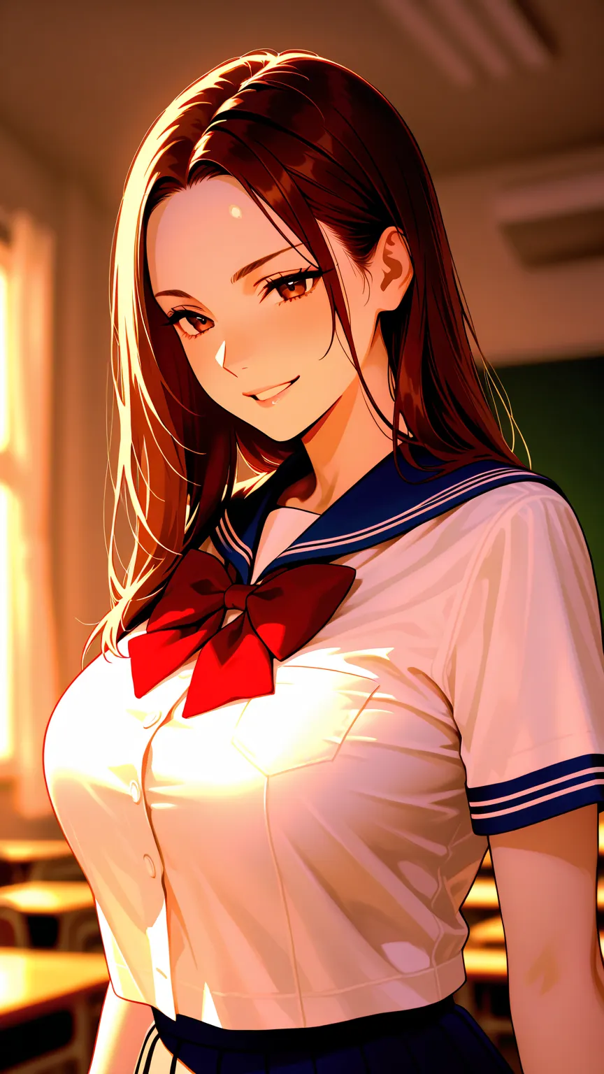 score_9, score_8_up, score_7_up, source_real, high resolution picture, super detailed, BREAK A breathtakingly beautiful Japanese woman, long hair, silky dark brown hair, wearing a modern school uniform, sailor uniform, suit made of textured fabric with fin...